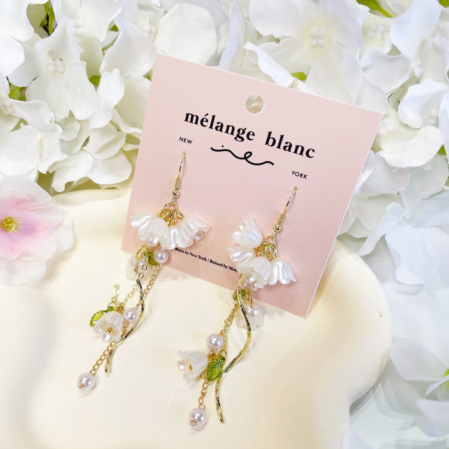 E189 lily of the valley white flower dangle earrings