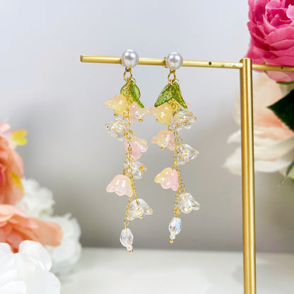 E158 lily of the valley pink flower dangle earrings