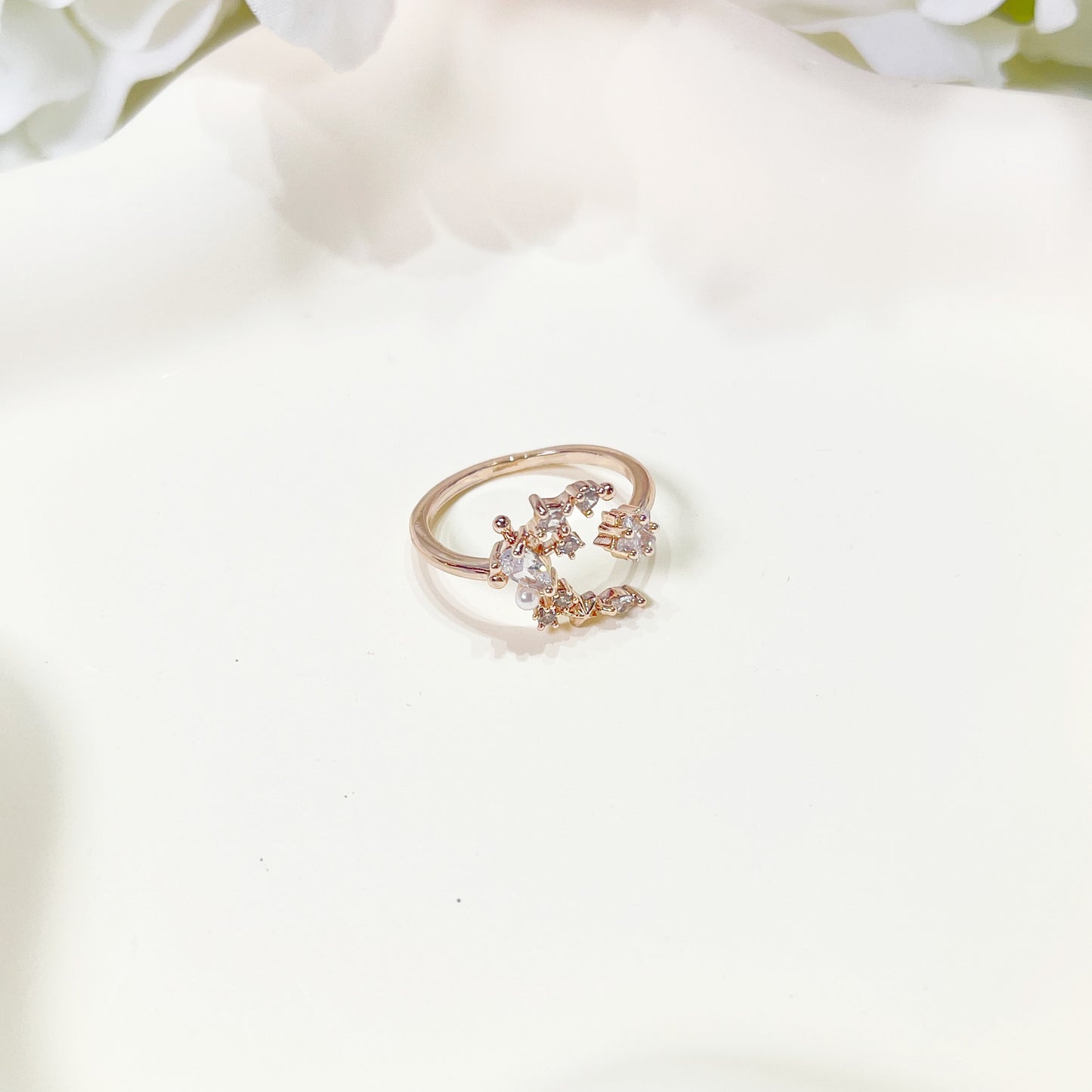 R025 rose gold moon star crystal gem adjustable ring sale