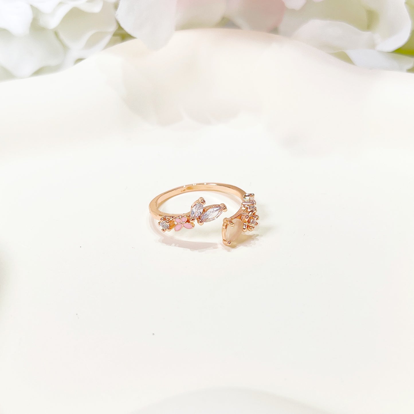 R013 rose gold pink gem crystal open flower ring sale