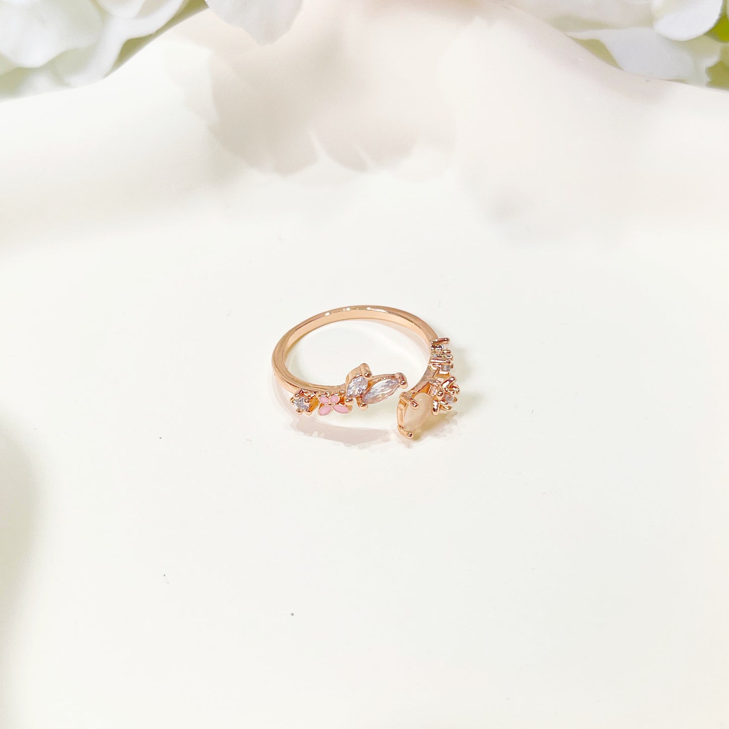 R013 rose gold pink gem crystal open flower ring sale