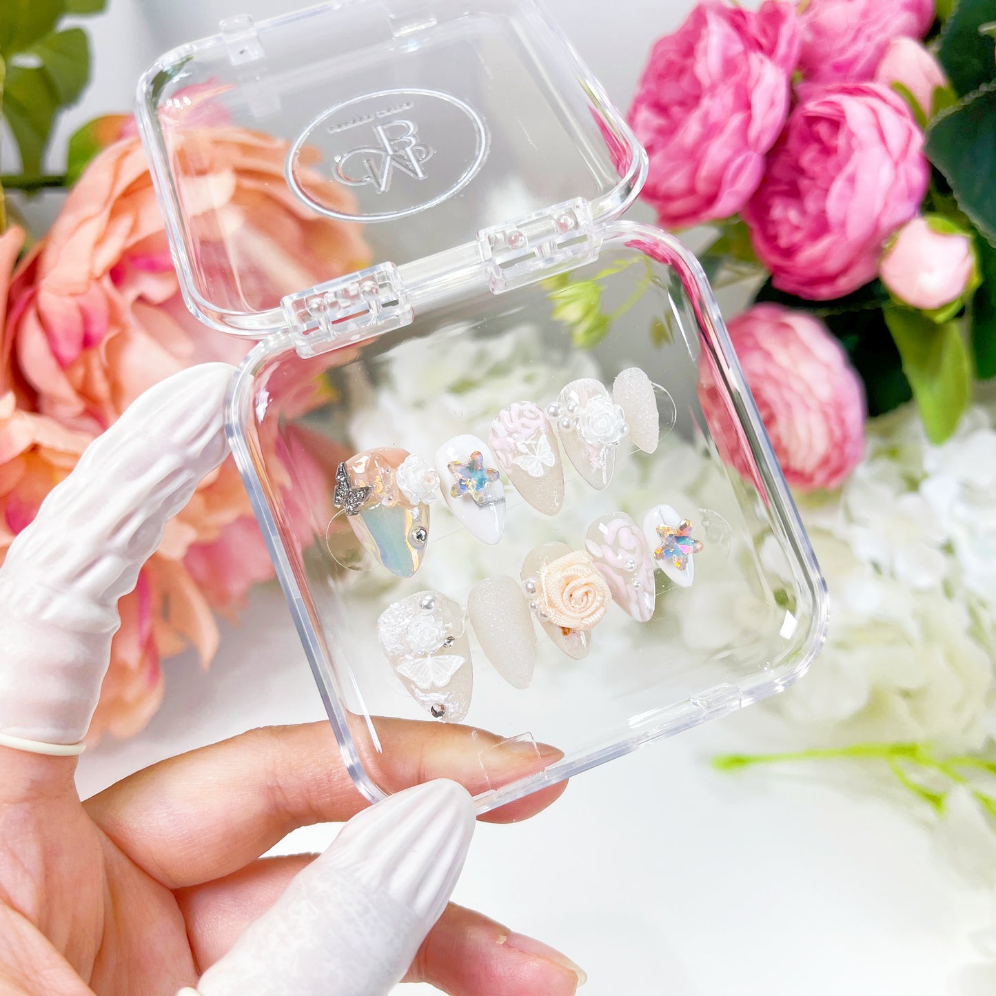 PO011 3D flower wedding bridal almond press on nails