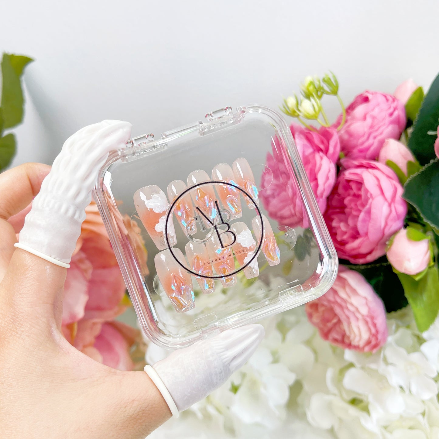 PO006 blush pink white flower crystal aurora press on nails