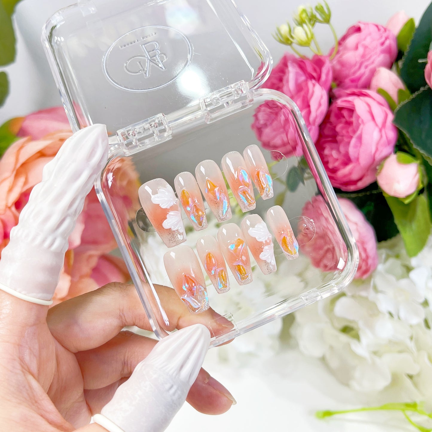 PO006 blush pink white flower crystal aurora press on nails