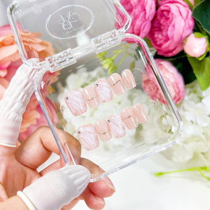 PO007 pink flower white floral press on nails