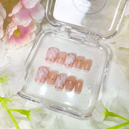 PO007 pink flower white floral press on nails
