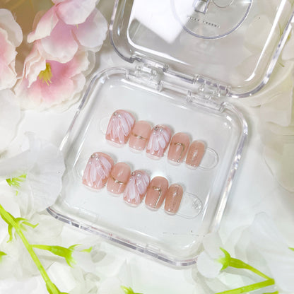 PO007 pink flower white floral press on nails