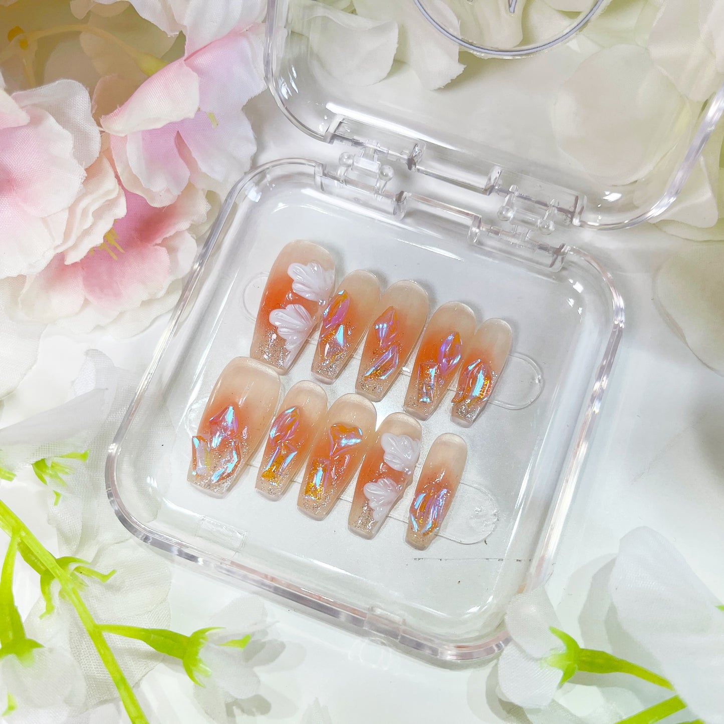 PO006 blush pink white flower crystal aurora press on nails