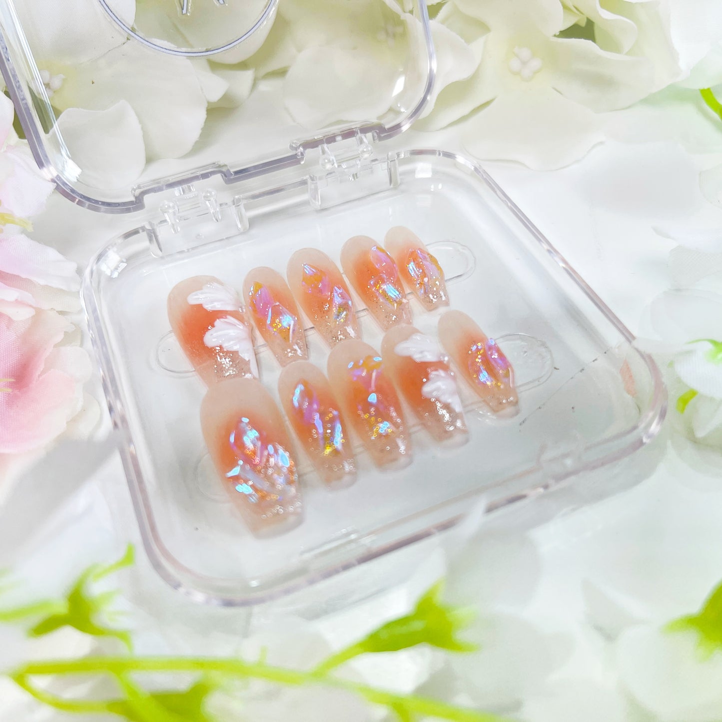 PO006 blush pink white flower crystal aurora press on nails
