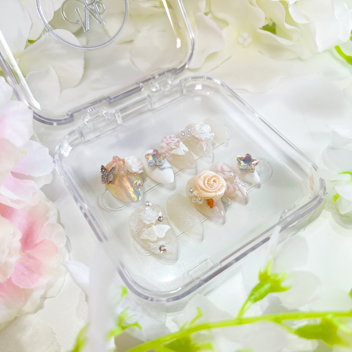 PO011 3D flower wedding bridal almond press on nails