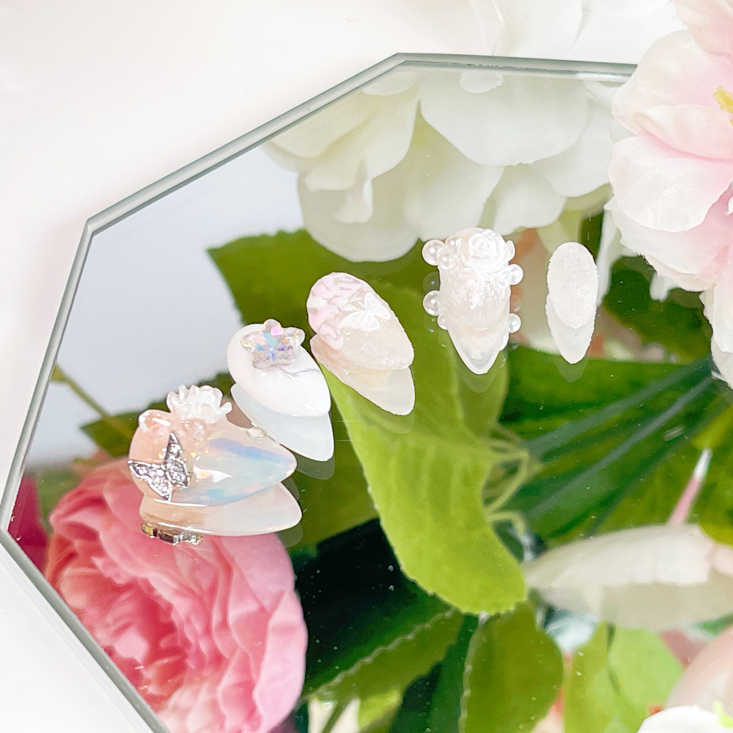 PO011 3D flower wedding bridal almond press on nails