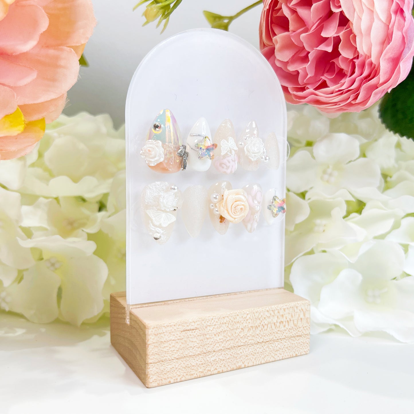 PO011 3D flower wedding bridal almond press on nails