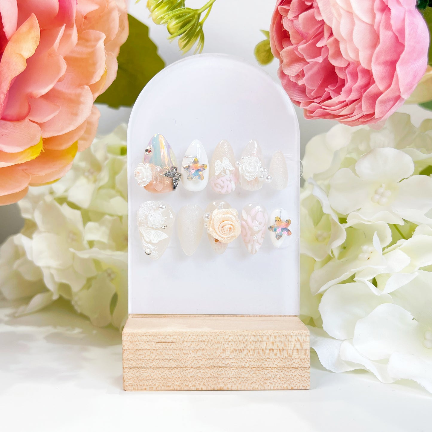 PO011 3D flower wedding bridal almond press on nails