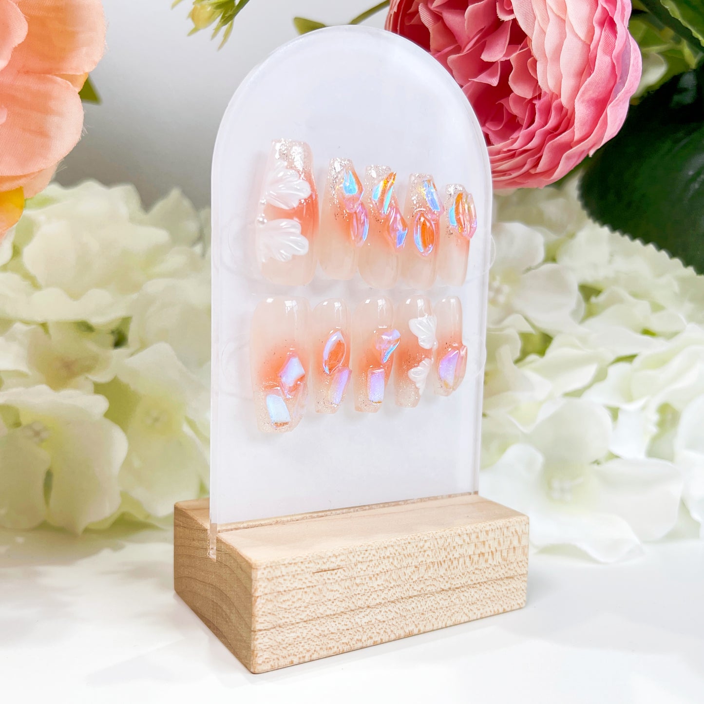 PO006 blush pink white flower crystal aurora press on nails