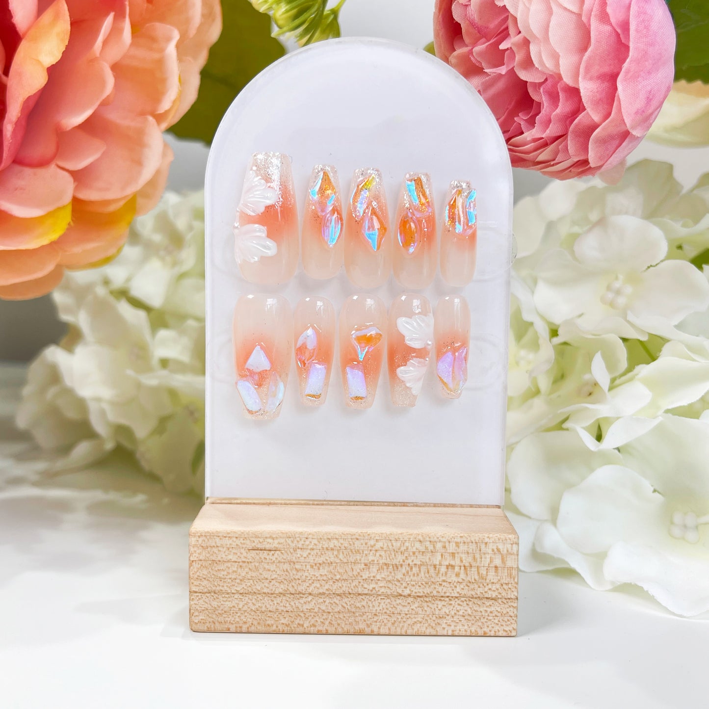 PO006 blush pink white flower crystal aurora press on nails