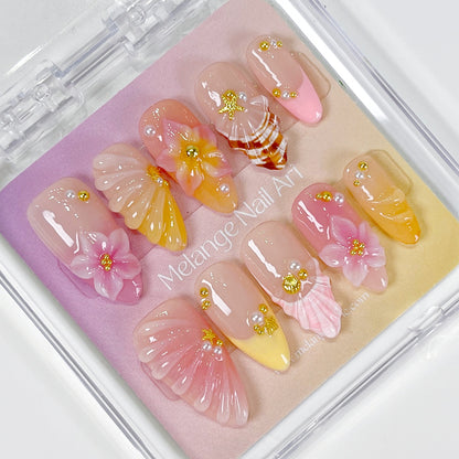 Pink & yellow 3D sea shell ombre flower press on nails PO204