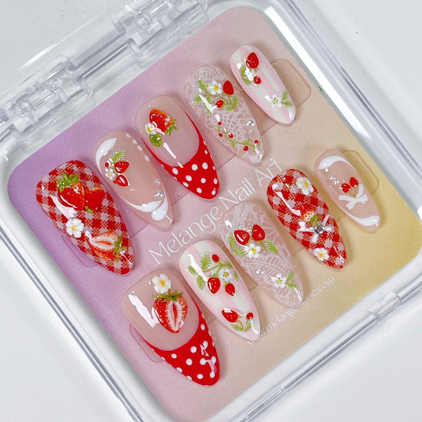 Red strawberry white lace polkadot french tips press on nails PO203