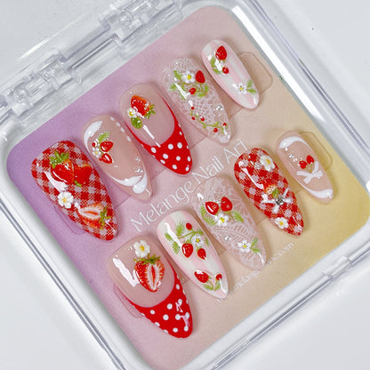 Red strawberry white lace polkadot french tips press on nails PO203