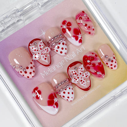 Red polkadot 3D flower ombre chrome bangle press on nails PO202