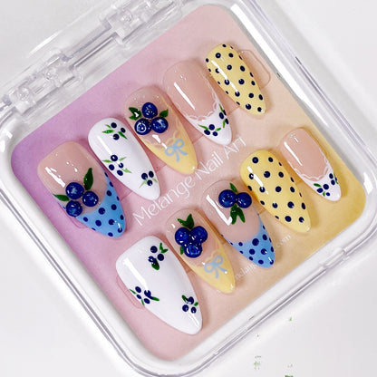 Blue & yellow polkadot blueberry 3D fruit press on nails PO199