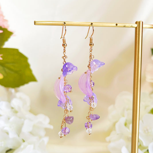 E196 purple lily flower long dangle earrings