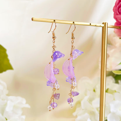 E196 purple lily flower long dangle earrings
