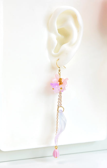 E194 purple flower long dangle earrings
