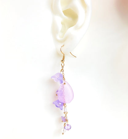 E196 purple lily flower long dangle earrings