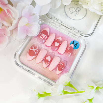 PO012 pink bow heart french almond press on nails