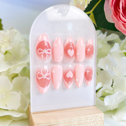 PO012 pink bow heart french almond press on nails