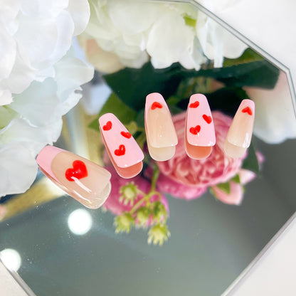 PO013 cute pink heart french tip coffin press on nails