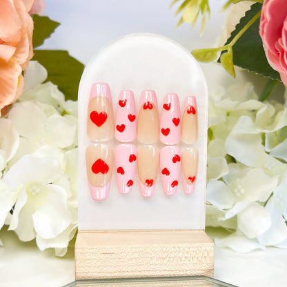 PO013 cute pink heart french tip coffin press on nails