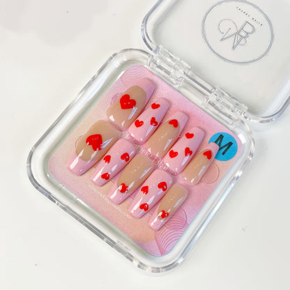 PO013 cute pink heart french tip coffin press on nails