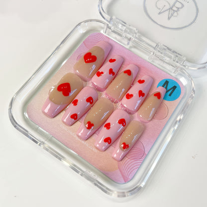 PO013 cute pink heart french tip coffin press on nails