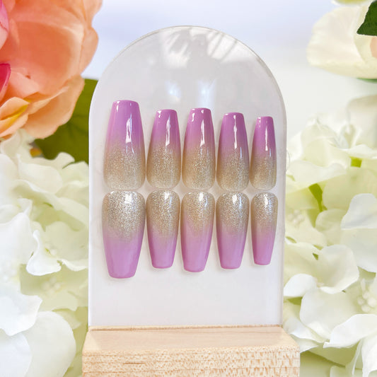 PO016 purple ombre silver cat eye coffin press on nails