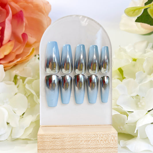 PO017 blue ombre gradient silver chrome coffin press on nails