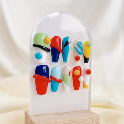 PO019 3D color block abstract geometric press on nails