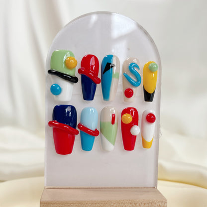 PO019 3D color block abstract geometric press on nails