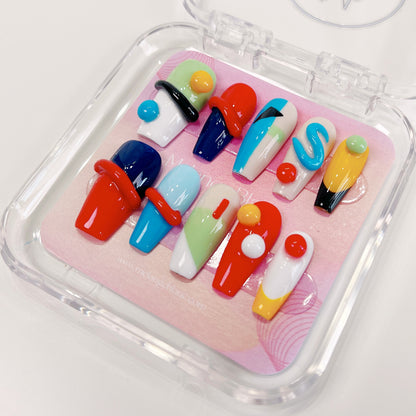 PO019 3D color block abstract geometric press on nails
