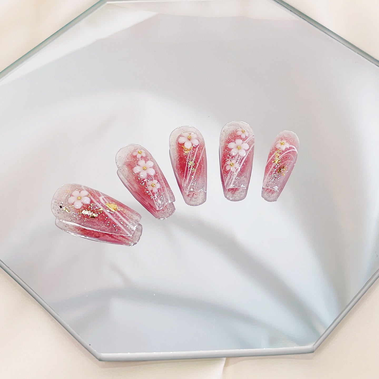 PO020 3D flower aurora coffin coffin press on nail