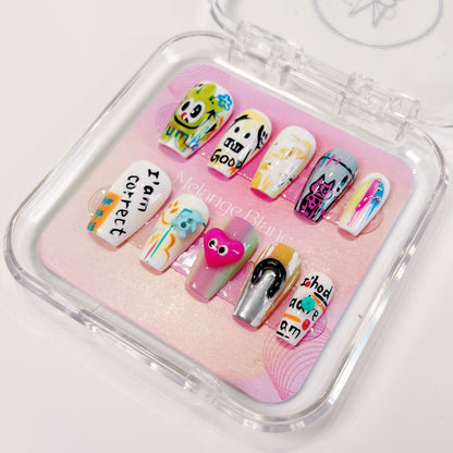 PO022 3D art colorful graffiti coffin press on nails