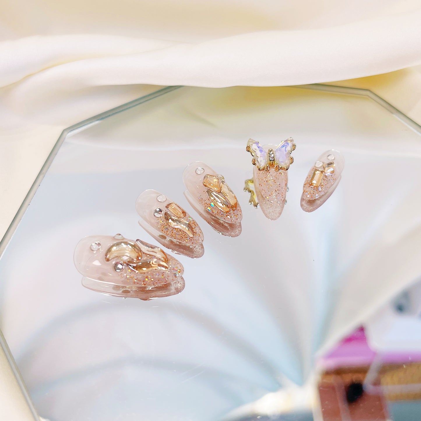 PO023 3D crystal butterfly rhinestone gem glitter press on nails