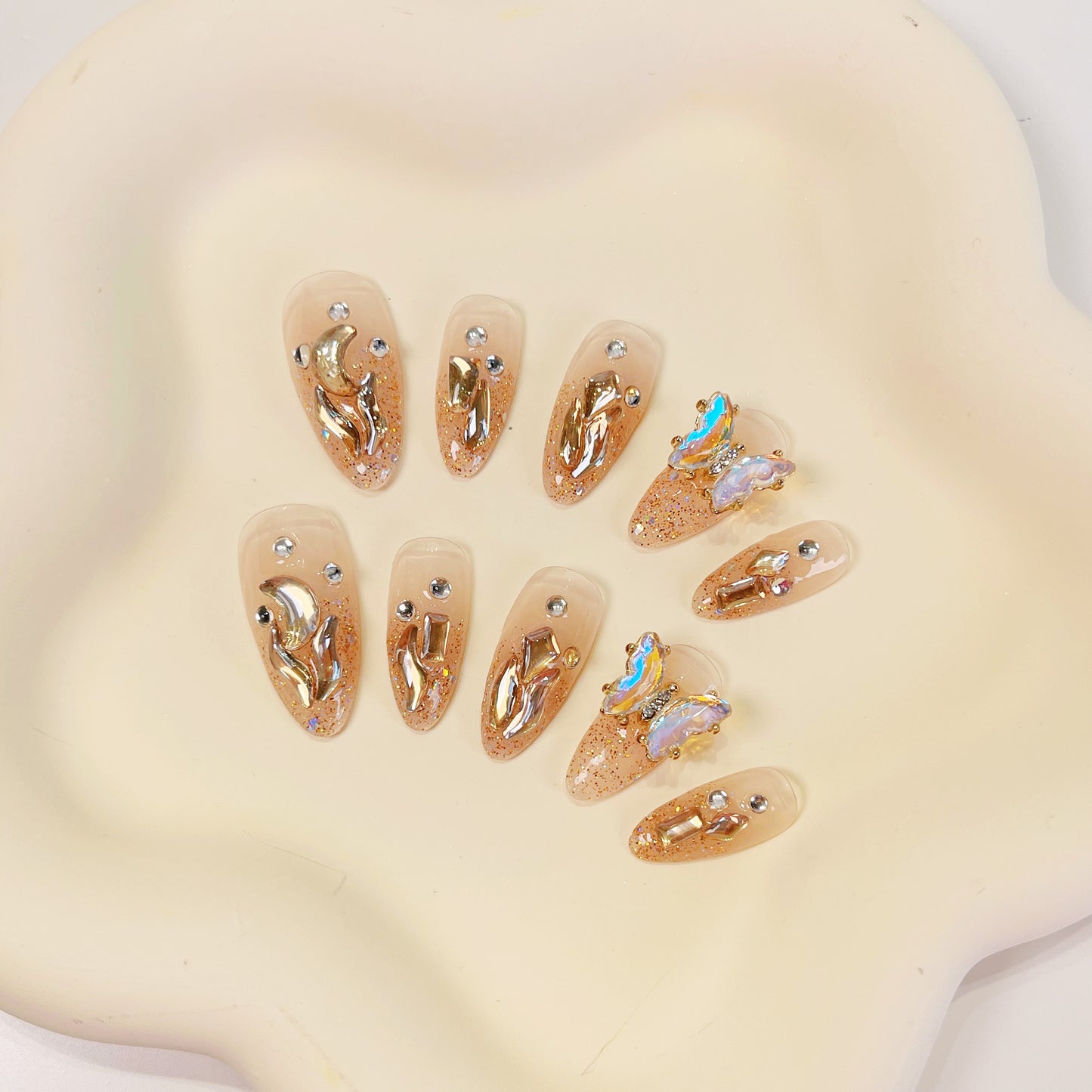 PO023 3D crystal butterfly rhinestone gem glitter press on nails
