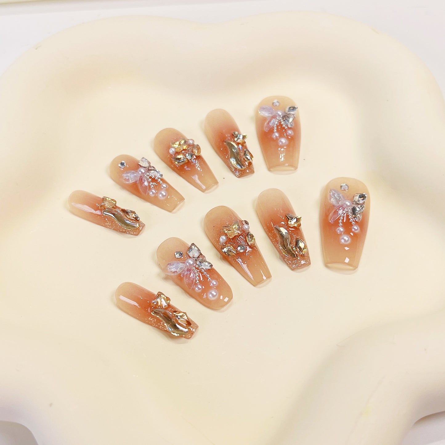 PO024 3D aurora butterfly crystal gem press on nails