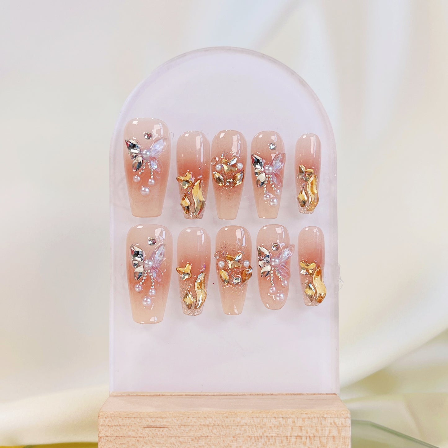 PO024 3D aurora butterfly crystal gem press on nails