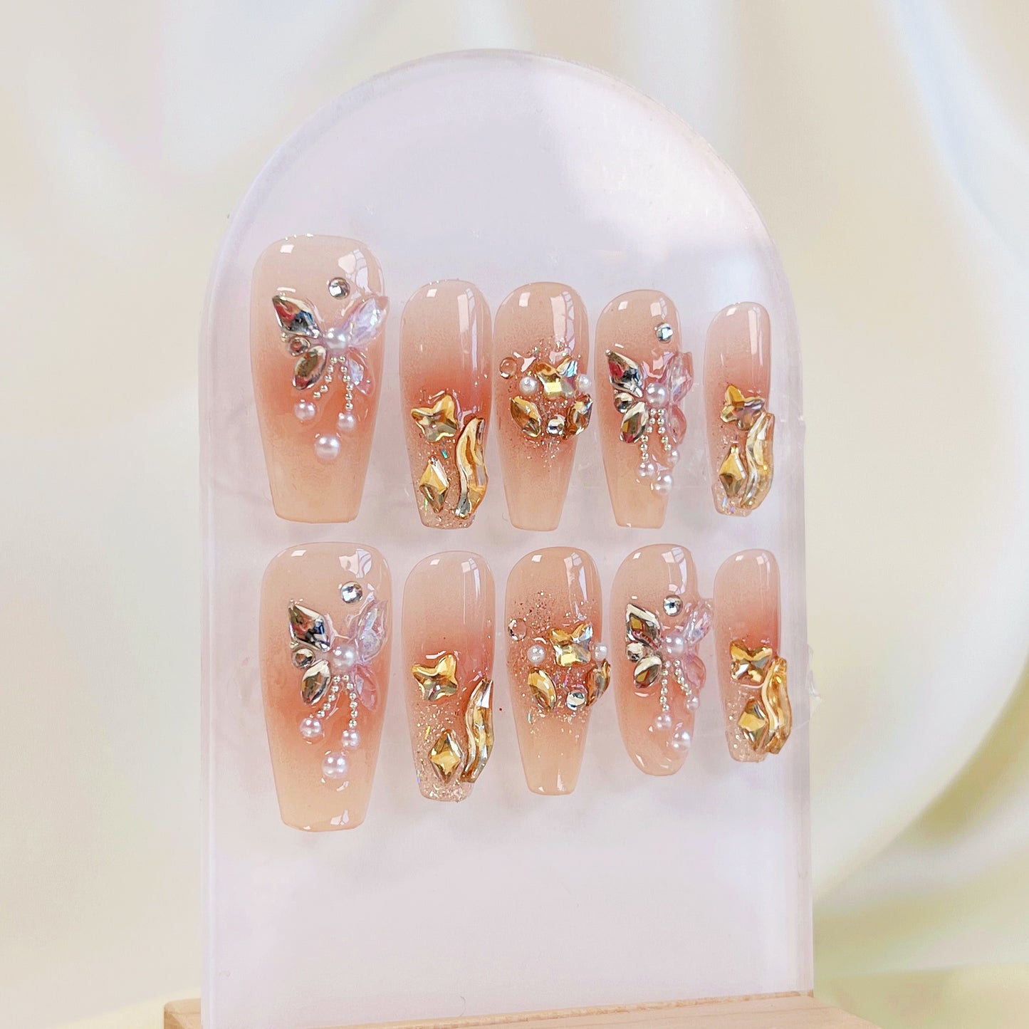 PO024 3D aurora butterfly crystal gem press on nails