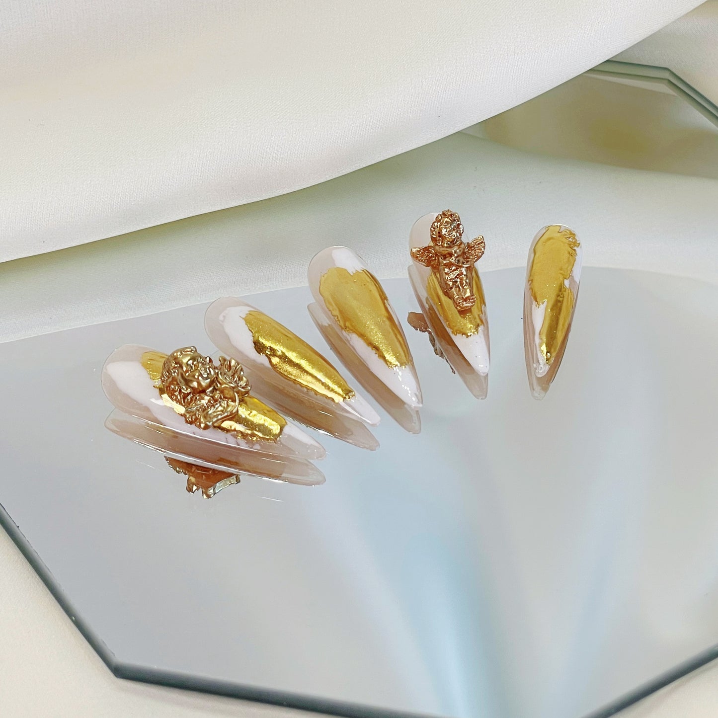 PO025 3D gold chrome abstract long stiletto press on nails