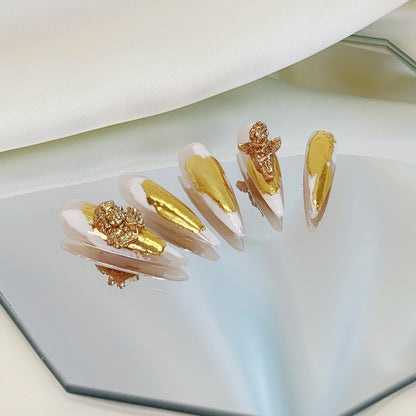 PO025 3D gold chrome abstract long stiletto press on nails