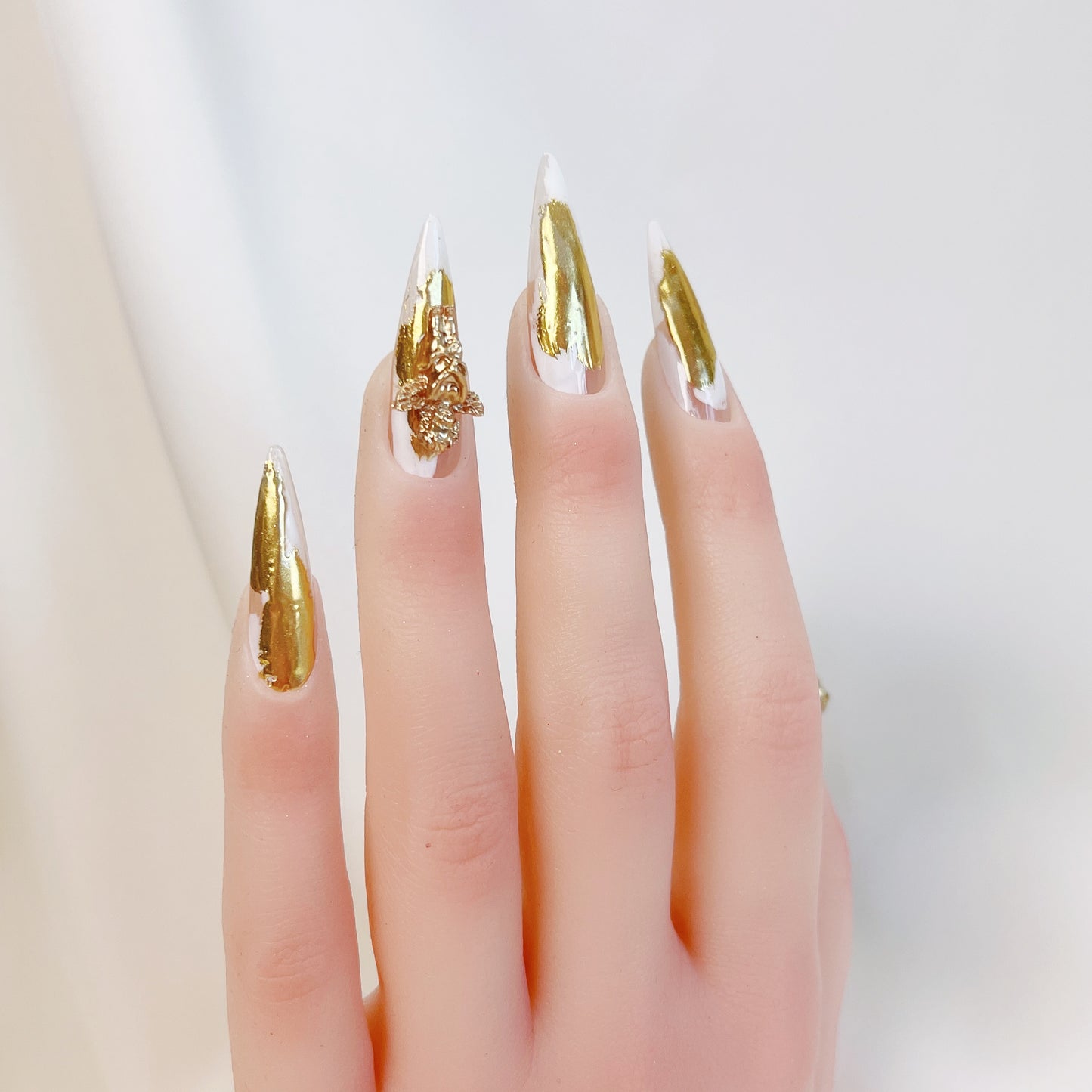 PO025 3D gold chrome abstract long stiletto press on nails