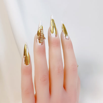 PO025 3D gold chrome abstract long stiletto press on nails